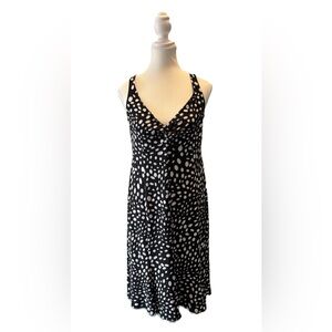 JOSEPH RIBKOFF Twist Front Polka Dot Midi Dress 10 Black White Sleeveless Satin